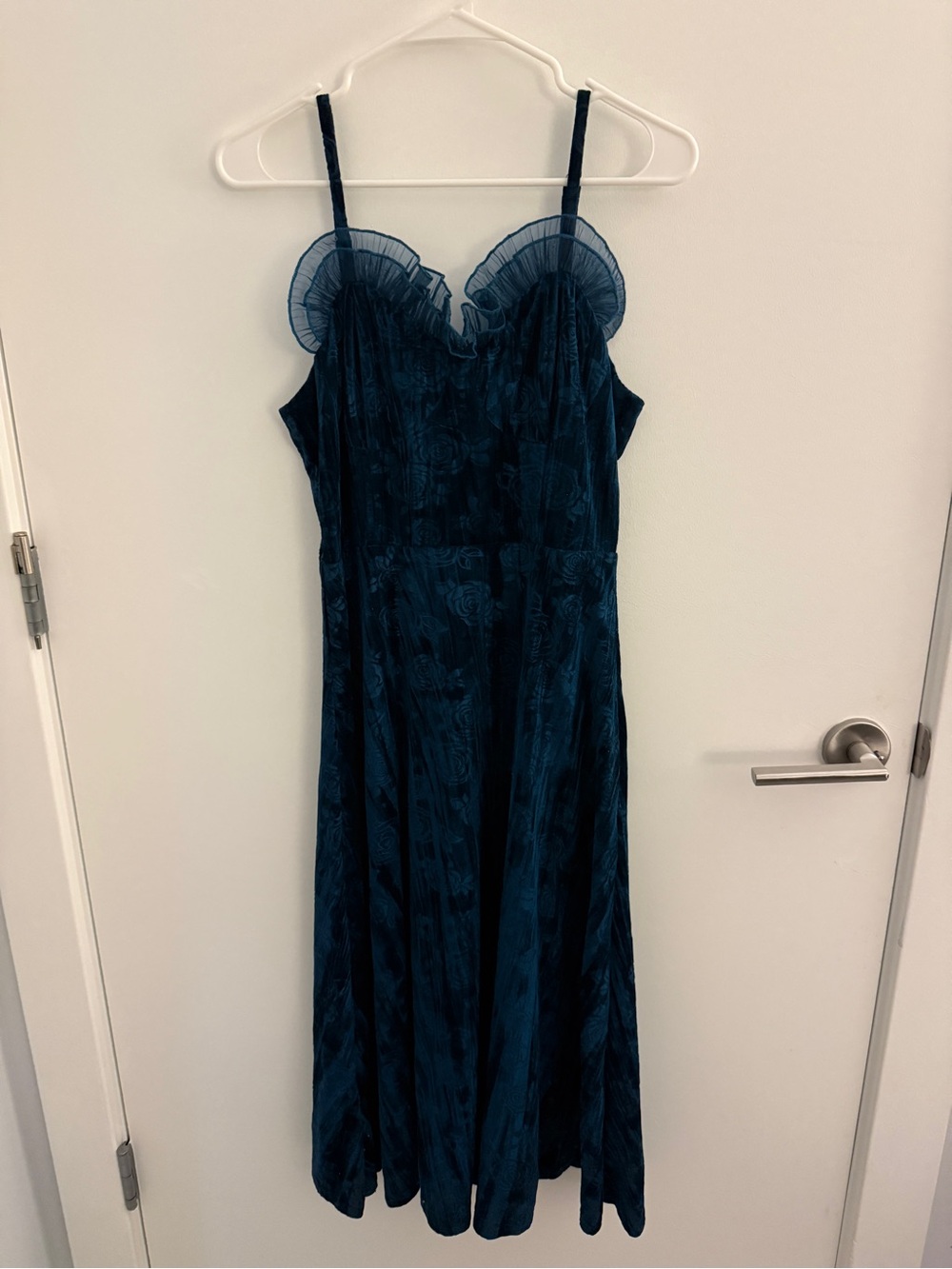 Lulu's Dark Teal Floral Midi Dress with Ruffle Sweetheart Neckline
